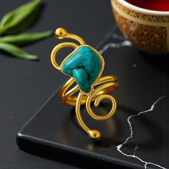 Turkish Artisanal 18K Gold Plated Brass Adjustable Turquoise Cocktail Luxe Ring - Picture 12 of 15